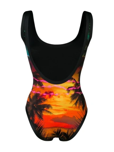 Shop Balmain Tropical Logo Print Swimsuit In Black