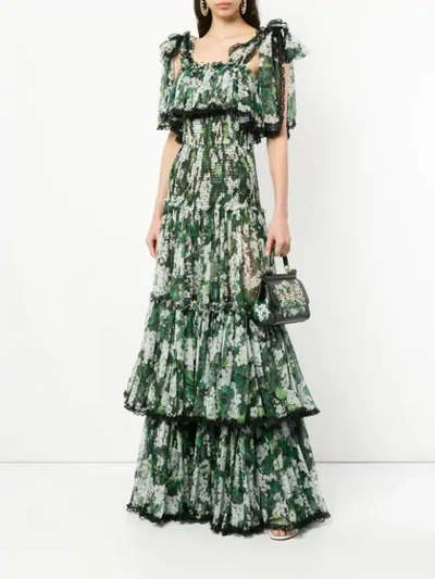 Shop Dolce & Gabbana White Geranium Printed Long Tiered Dress In Green