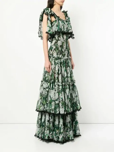 Shop Dolce & Gabbana White Geranium Printed Long Tiered Dress In Green