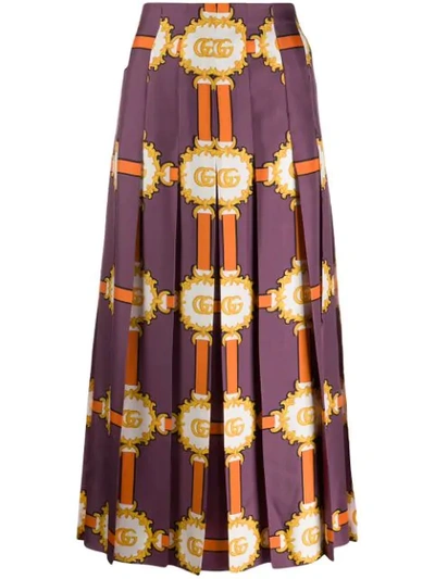 Shop Gucci Printed Pleat Midi Skirt In Purple