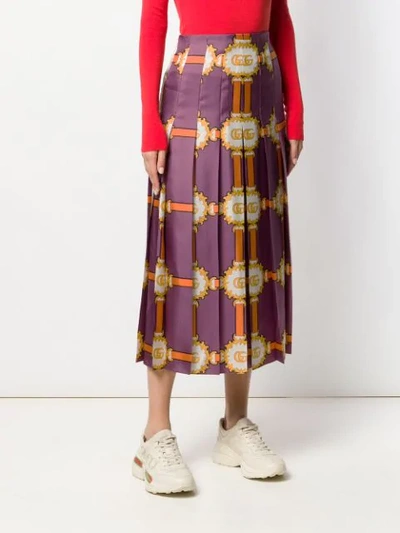 Shop Gucci Printed Pleat Midi Skirt In Purple