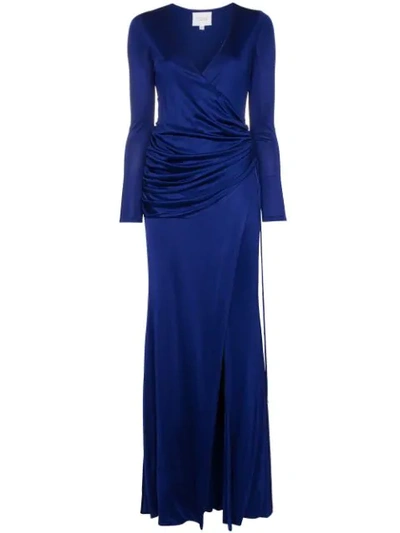 Shop Galvan Allegra Ruched Side High Split Maxi Dress In Blue