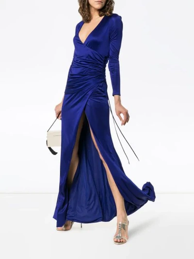Shop Galvan Allegra Ruched Side High Split Maxi Dress In Blue