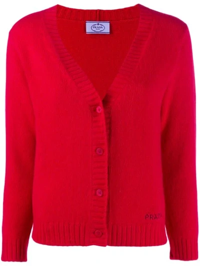 Shop Prada Fine Knit Cardigan In Red