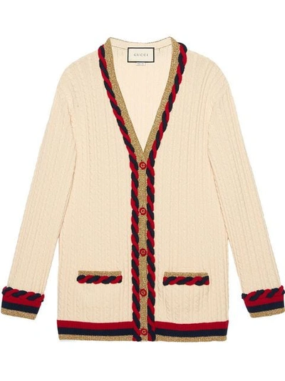 Shop Gucci Cable Knit Cashmere Wool Cardigan In White