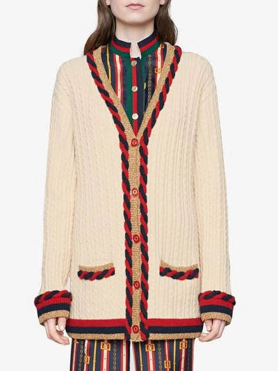 Shop Gucci Cable Knit Cashmere Wool Cardigan In White