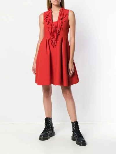 Shop Msgm Fringed V-neck Flared Dress In Red