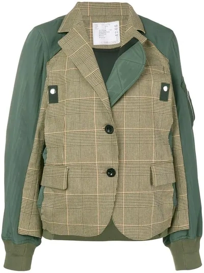 Shop Sacai Hybrid Check Blazer Bomber Jacket In Green