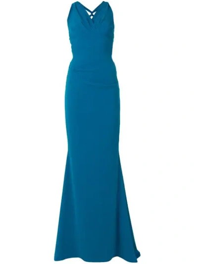Shop Talbot Runhof Long V-neck Gown - Blue