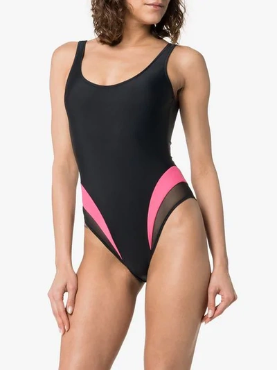 Shop Heron Preston Striped Low Back Swimsuit In Black