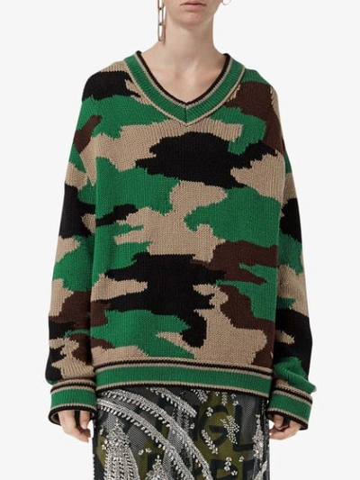 Shop Burberry Camouflage Intarsia Cotton V-neck Sweater - Green
