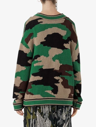 Shop Burberry Camouflage Intarsia Cotton V-neck Sweater - Green