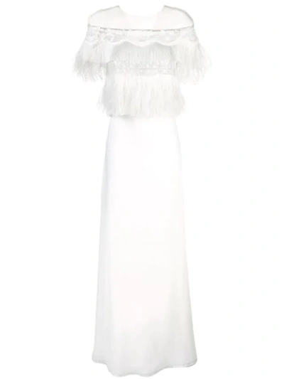 Shop Tadashi Shoji Feather Trim Evening Dress In Ivory