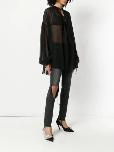 Shop Saint Laurent Sheer Tie Neck Blouse In Black