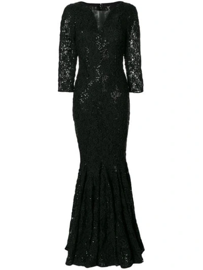 Shop Talbot Runhof Long Crochet V-neck Dress In Black