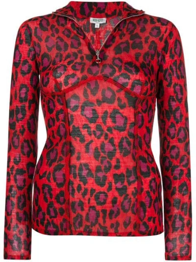 Shop Kenzo Half Zip Leopard Top In Red