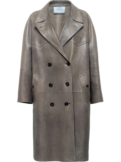 Shop Prada Double-breasted Leather Coat In Grey