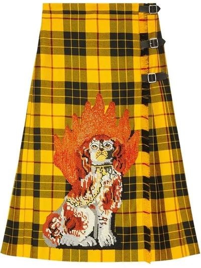 Shop Gucci Embroidered Tartan Wool Skirt In Yellow