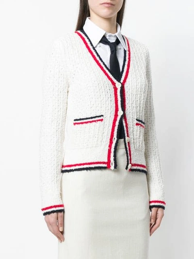 THOM BROWNE 美丽奴羊毛混纺红白蓝三色镶边针织V领开衫 - 白色