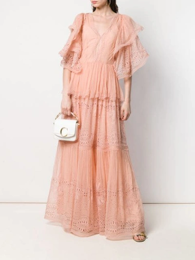 Shop Alberta Ferretti Embroidered Ruffle Maxi Dress In Pink