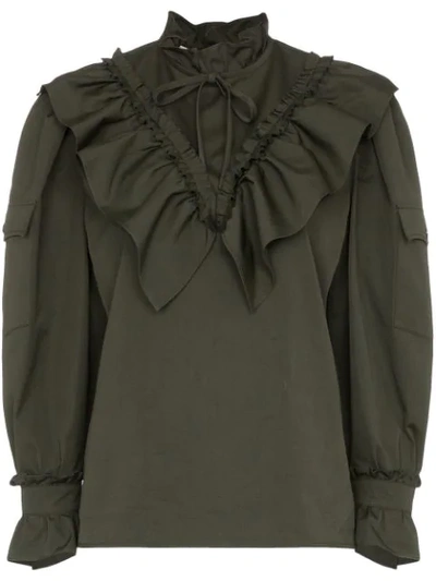 Shop Miu Miu Ruffle-front Poplin Blouse - Green