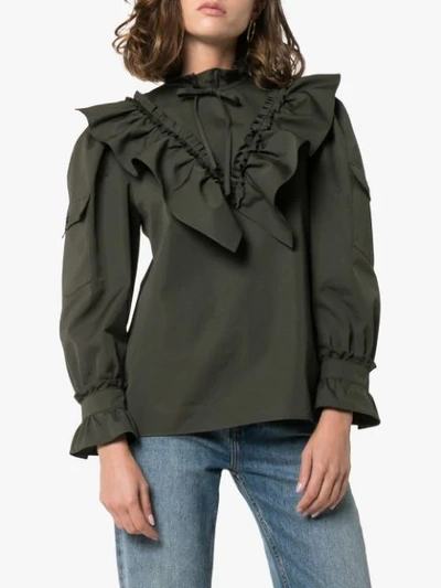 Shop Miu Miu Ruffle-front Poplin Blouse - Green