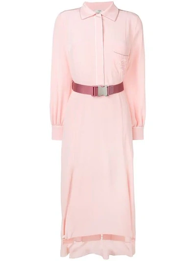 Shop Fendi Karligraphy Motif Belted Flared Shirt Dress In Pink