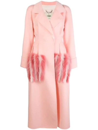 Shop Fendi Fur Pocket Double-breasted Coat In Pink