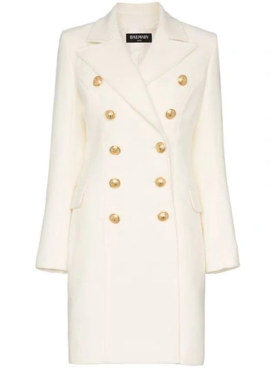 Shop Balmain Double Breasted Cashmere Blend Coat In White