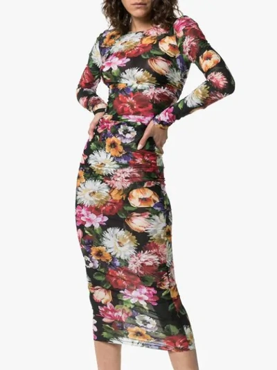 Shop Dolce & Gabbana Floral Print Bodycon Dress In Hnt62 Fiori Fdo Nero