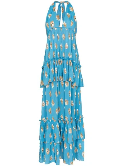 Shop Adriana Degreas Conchiglie Ruffled Maxi-dress In Blue