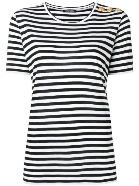 Balmain Button-Embellished Striped Jersey T-Shirt In Black | ModeSens