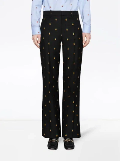 Shop Gucci Pineapple Embroidered Trousers  In 1226 Nero
