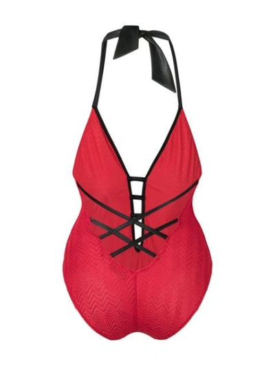 Shop Missoni Plunge Halterneck Swimsuit In Red