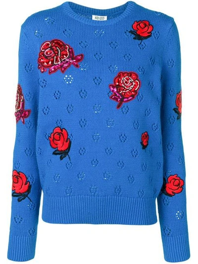 Shop Kenzo Embellished Flower Knitted Sweater In Blue