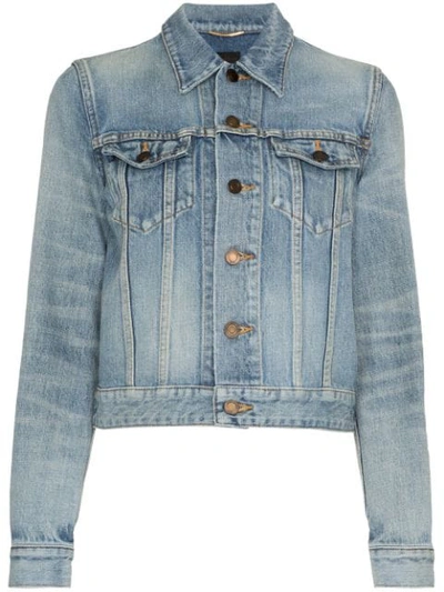 Shop Saint Laurent Button Up Cropped Denim Jacket In Blue
