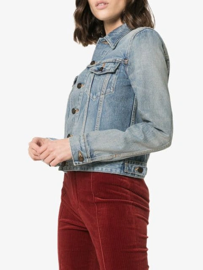 Shop Saint Laurent Button Up Cropped Denim Jacket In Blue
