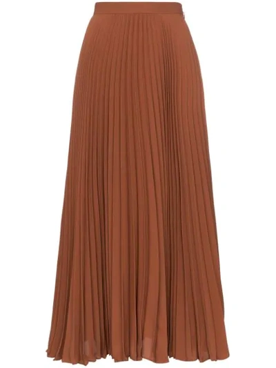 Shop Valentino High-waisted Pleated Silk Midi Skirt In Brown
