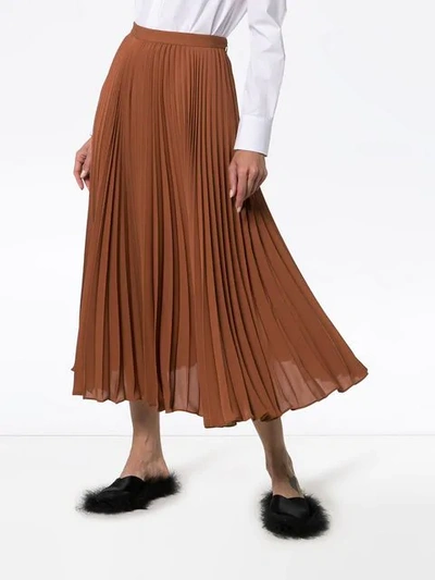 Shop Valentino High-waisted Pleated Silk Midi Skirt In Brown