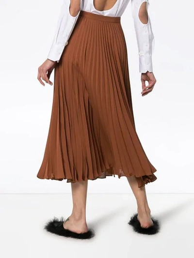 Shop Valentino High-waisted Pleated Silk Midi Skirt In Brown