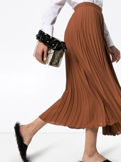 Shop Valentino High-waisted Pleated Silk Midi Skirt In Brown