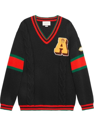 Shop Gucci Cable Knit Sweater With Patches In 1082 Black