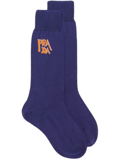 Shop Prada Contrast Logo Socks - Blue
