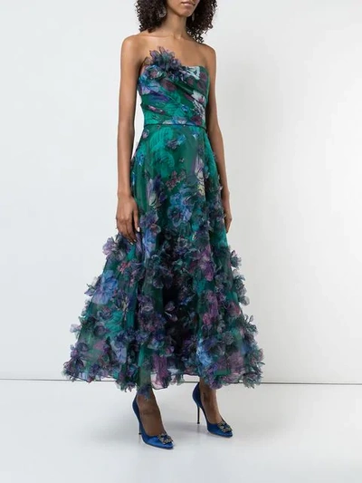 Marchesa Notte Strapless 3d Floral Embroidered Dress In Green | ModeSens