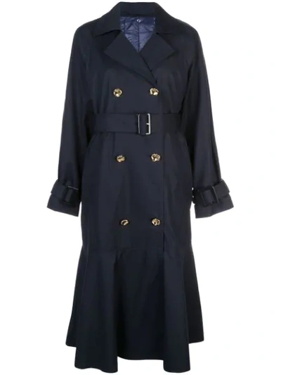 Shop Tibi Double Breasted Trench Coat In Blue
