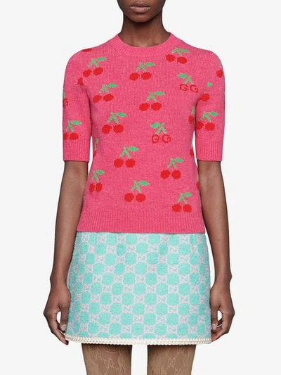Shop Gucci Knitted Top In Wool With Gg Cherry Jacquard In Pink
