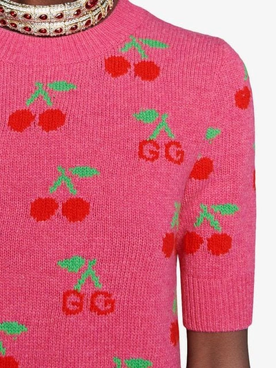 Shop Gucci Knitted Top In Wool With Gg Cherry Jacquard In Pink