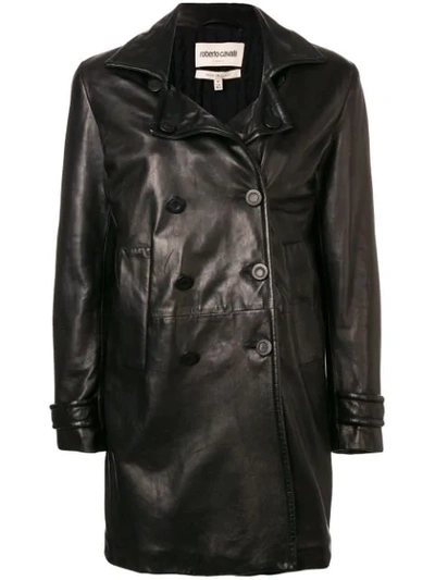 Shop Roberto Cavalli Double Breasted Leather Jacket - Black