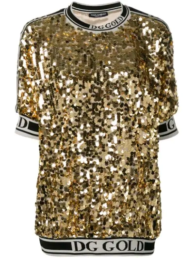 Shop Dolce & Gabbana Logo Trim Sequin T-shirt In Gold