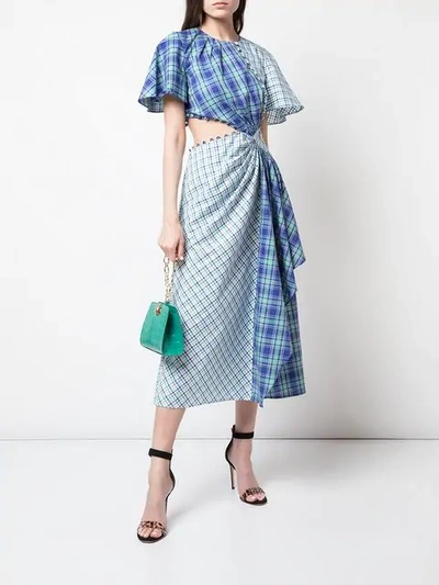 Shop Prabal Gurung Plaid Flutter Sleeve Dress In Blue